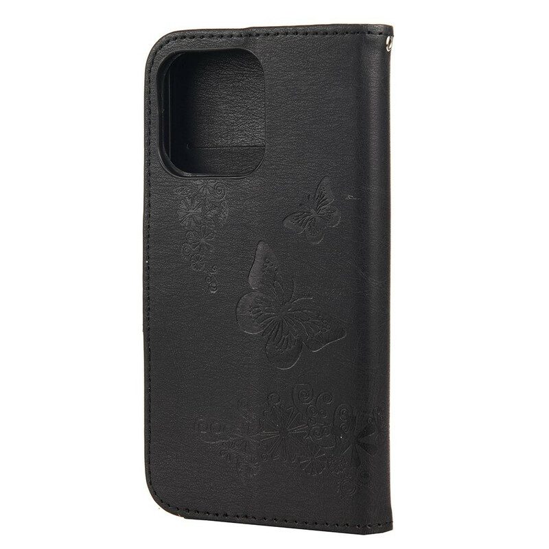 Custodia in pelle iPhone 13 Mini Splendide Farfalle Cinturino