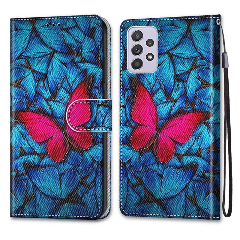 Folio Cover Samsung Galaxy A33 5G Farfalla Rossa Sfondo Blu