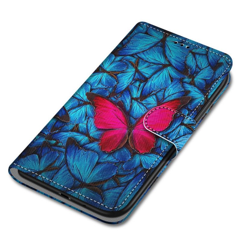 Folio Cover Samsung Galaxy A33 5G Farfalla Rossa Sfondo Blu