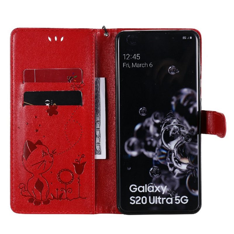 Custodia in pelle Samsung Galaxy S20 Ultra Gatto E Ape Con Cordino