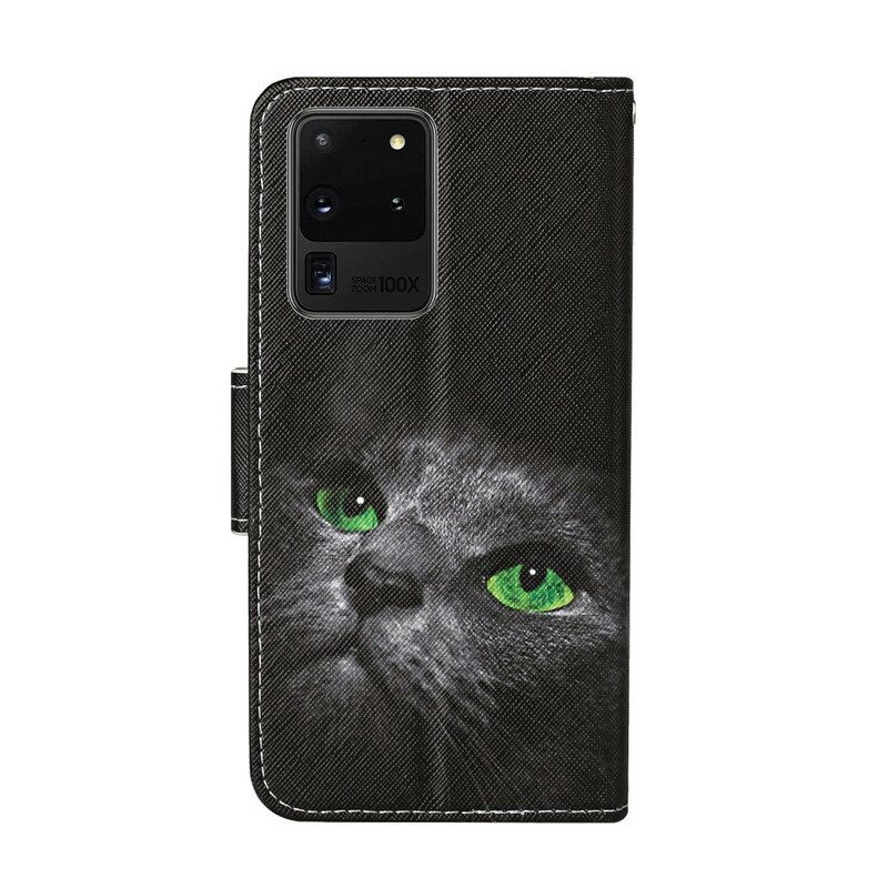 Folio Cover Samsung Galaxy S20 Ultra Gatto Dagli Occhi Verdi Con Cordino