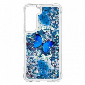 Cover Samsung Galaxy S22 5G Farfalle Blu Glitterate