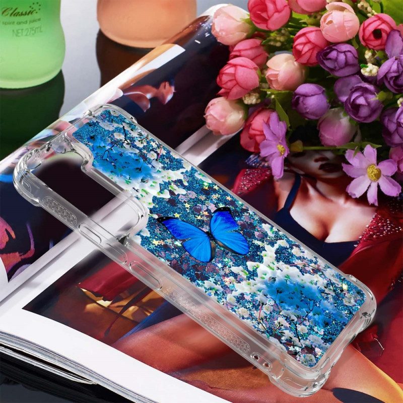 Cover Samsung Galaxy S22 5G Farfalle Blu Glitterate