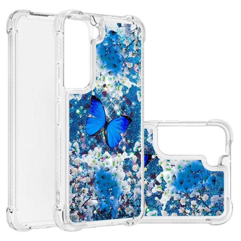 Cover Samsung Galaxy S22 5G Farfalle Blu Glitterate