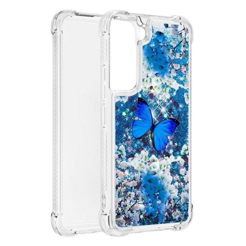 Cover Samsung Galaxy S22 5G Farfalle Blu Glitterate