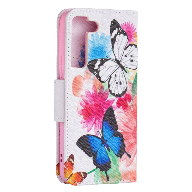 Custodia in pelle Samsung Galaxy S22 5G Farfalle E Fiori Dipinti