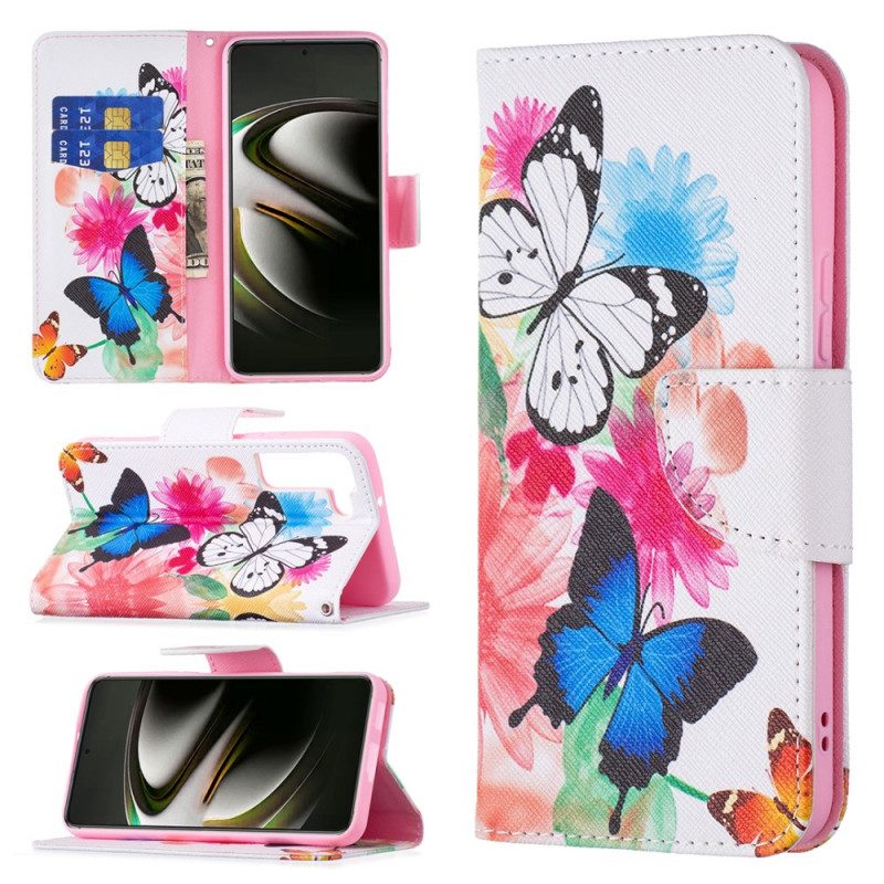 Custodia in pelle Samsung Galaxy S22 5G Farfalle E Fiori Dipinti