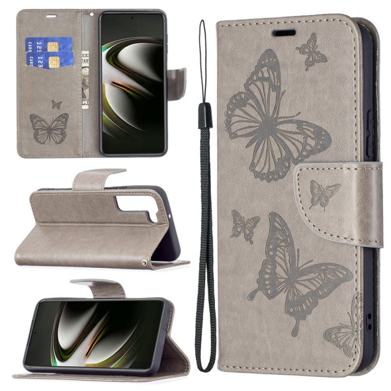 Custodia in pelle Samsung Galaxy S22 5G Farfalle In Volo Con Cordino