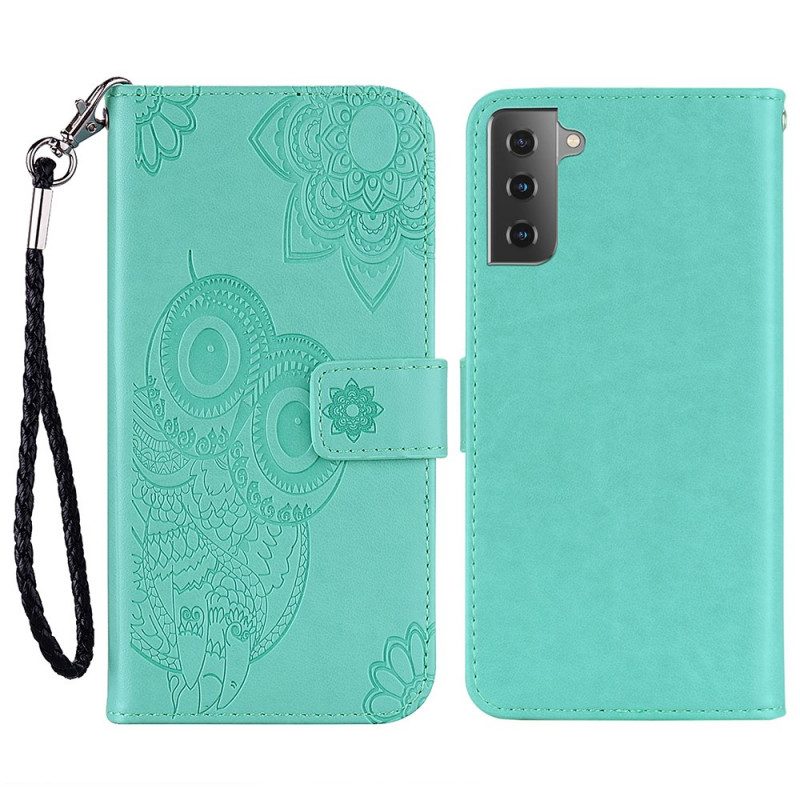 Custodia in pelle Samsung Galaxy S22 5G Gufo Mandala E Cordino