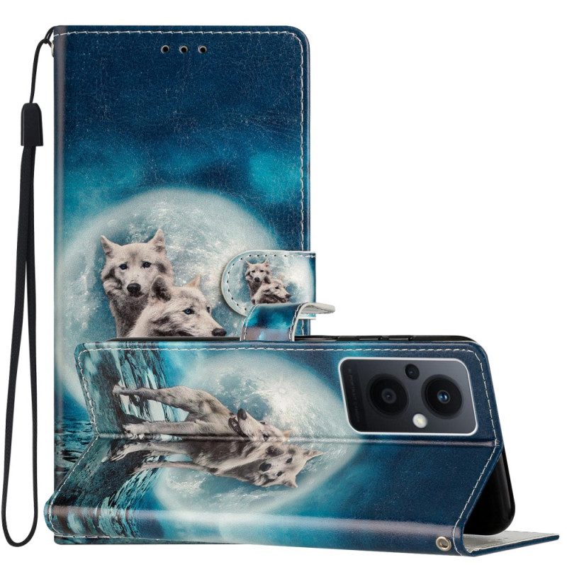 Custodia in pelle Oppo Reno 8 Lite Cordino Lupo