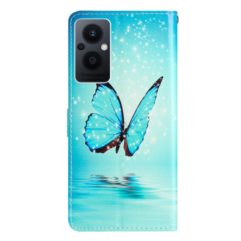 Custodia in pelle Oppo Reno 8 Lite Farfalle Blu Con Cinturino