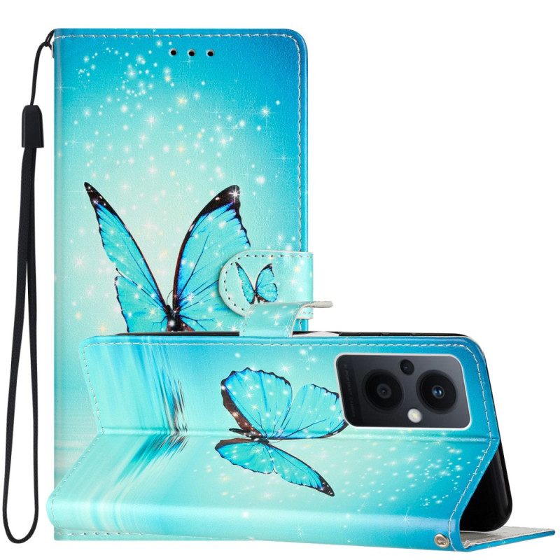 Custodia in pelle Oppo Reno 8 Lite Farfalle Blu Con Cinturino