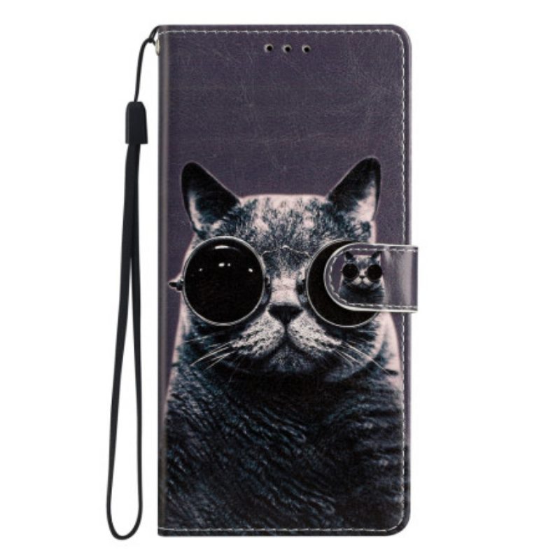 Custodia in pelle Oppo Reno 8 Lite Occhiali Con Cinturino Da Gatto