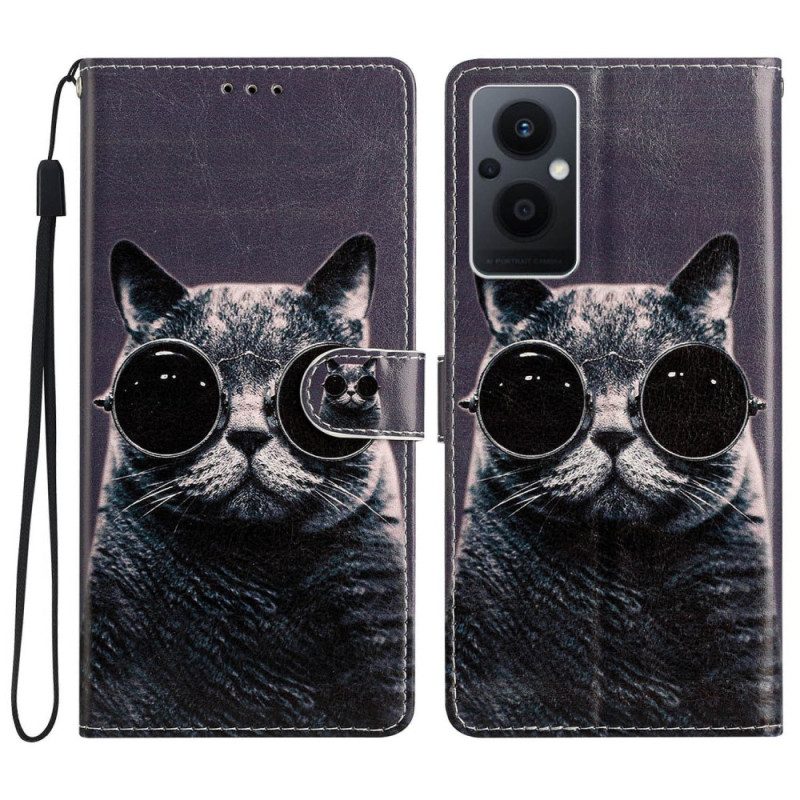 Custodia in pelle Oppo Reno 8 Lite Occhiali Con Cinturino Da Gatto