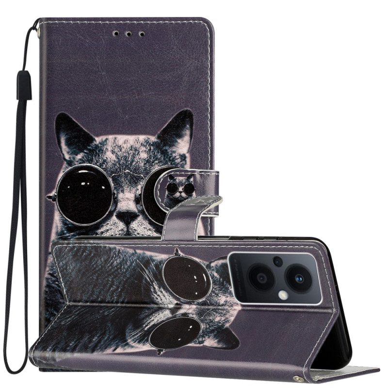 Custodia in pelle Oppo Reno 8 Lite Occhiali Con Cinturino Da Gatto