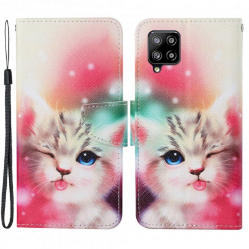 Custodia in pelle Samsung Galaxy A22 Gatto Carino Con Cordino