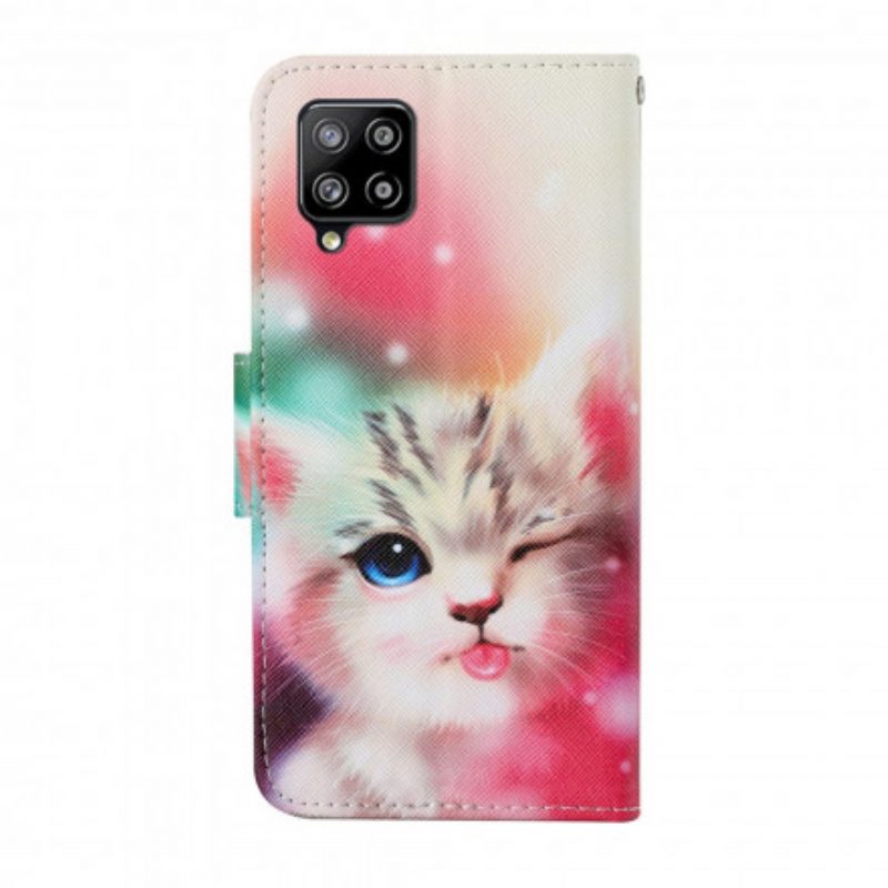 Custodia in pelle Samsung Galaxy A22 Gatto Carino Con Cordino