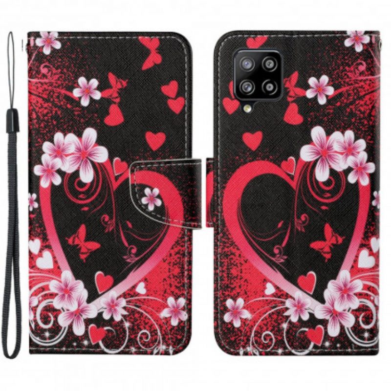 Folio Cover Samsung Galaxy A22 Fiori E Cuori Con Cordino