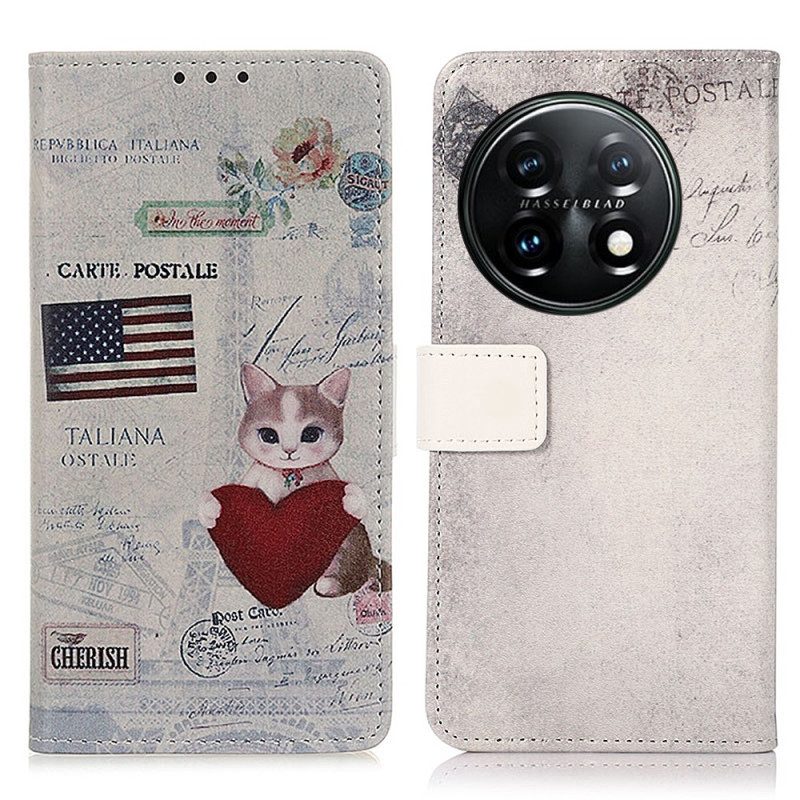 Custodia in pelle OnePlus 11 5G Gatto Viaggiatore