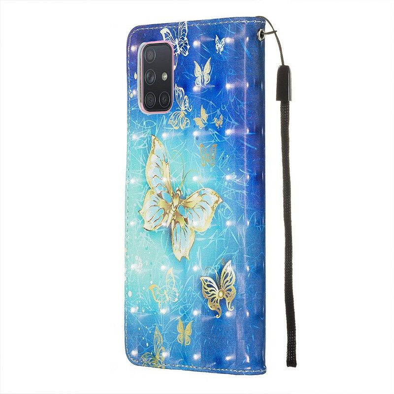 Custodia in pelle Samsung Galaxy A71 Cordino Farfalle Dorate