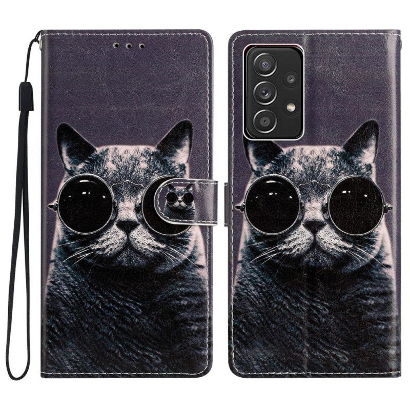 Custodia in pelle Samsung Galaxy A53 5G Occhiali Gatto Con Cordino