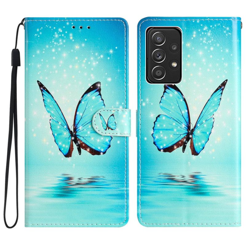 Folio Cover Samsung Galaxy A53 5G Farfalle Blu Con Cinturino