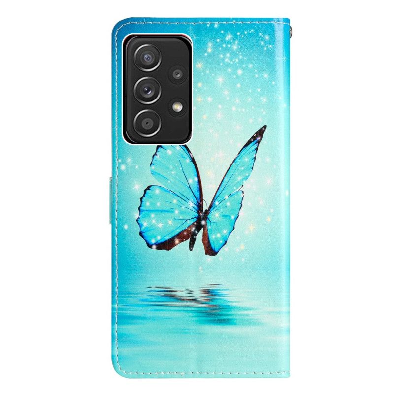 Folio Cover Samsung Galaxy A53 5G Farfalle Blu Con Cinturino