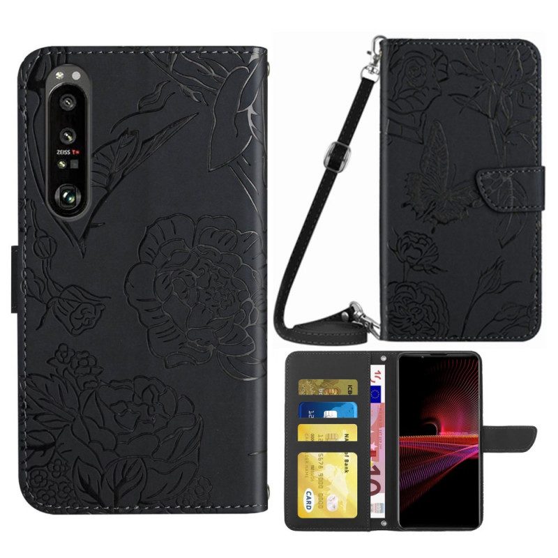 Custodia A Portafoglio Sony Xperia 1 IV Farfalle E Tracolla