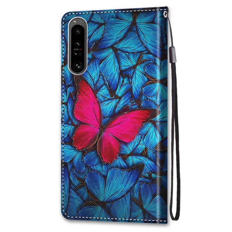 Custodia in pelle Sony Xperia 1 IV Farfalla Rossa Sfondo Blu