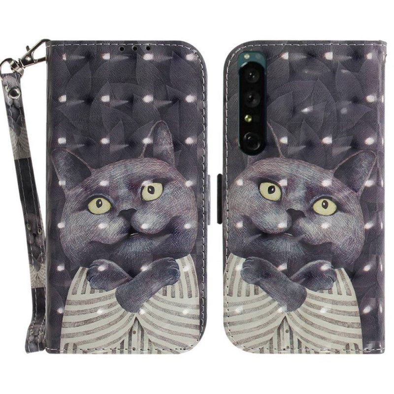 Custodia in pelle Sony Xperia 1 IV Gatto Grigio Con Cinturino