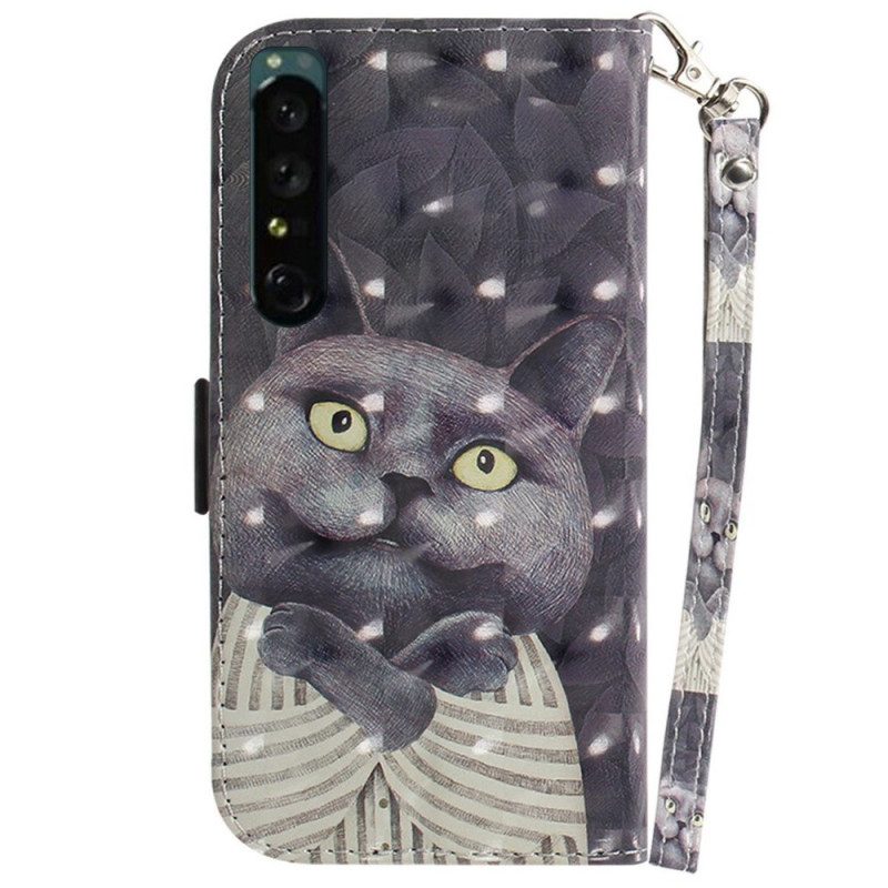 Custodia in pelle Sony Xperia 1 IV Gatto Grigio Con Cinturino