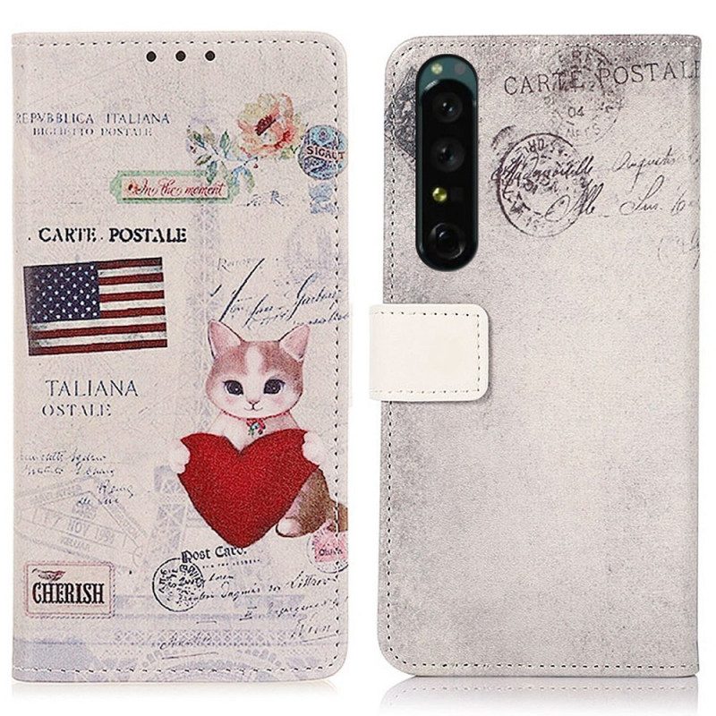 Custodia in pelle Sony Xperia 1 IV Gatto Viaggiatore