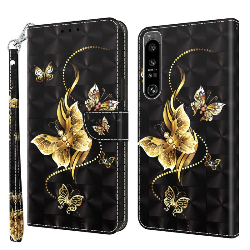 Folio Cover Sony Xperia 1 IV Farfalle Dorate Con Cinturino