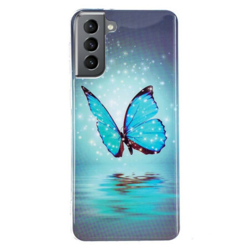 Cover Samsung Galaxy S21 FE Farfalla Blu Fluorescente