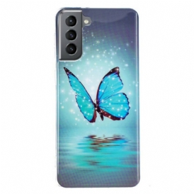 Cover Samsung Galaxy S21 FE Farfalla Blu Fluorescente