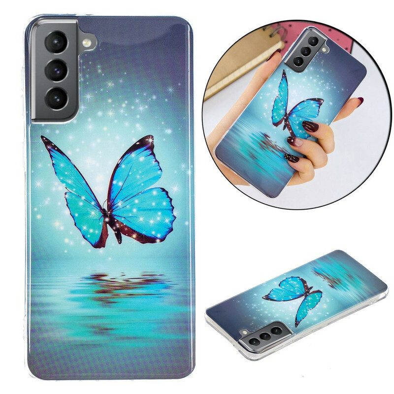 Cover Samsung Galaxy S21 FE Farfalla Blu Fluorescente