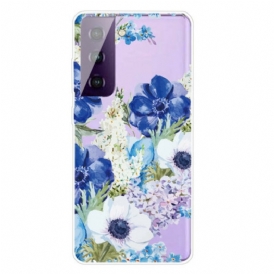 Cover Samsung Galaxy S21 FE Fiori Blu Dell'acquerello