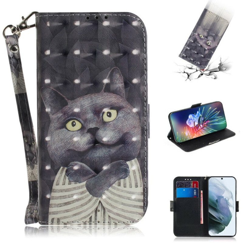 Custodia A Portafoglio Samsung Galaxy S21 FE Gatto Grigio Con Cinturino