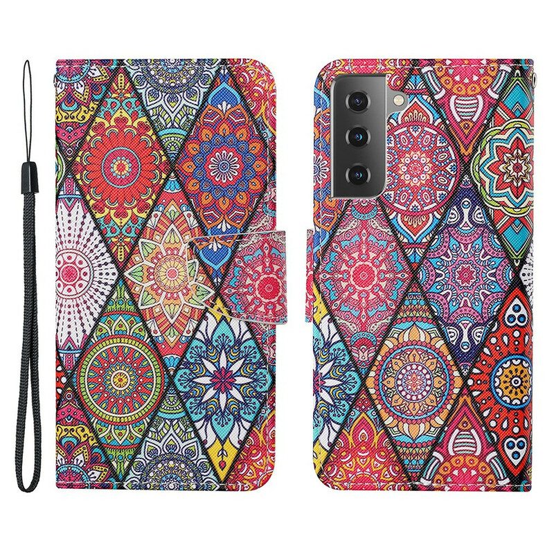 Custodia A Portafoglio Samsung Galaxy S21 FE Patchwork Con Cordino