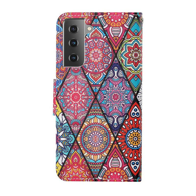 Custodia A Portafoglio Samsung Galaxy S21 FE Patchwork Con Cordino