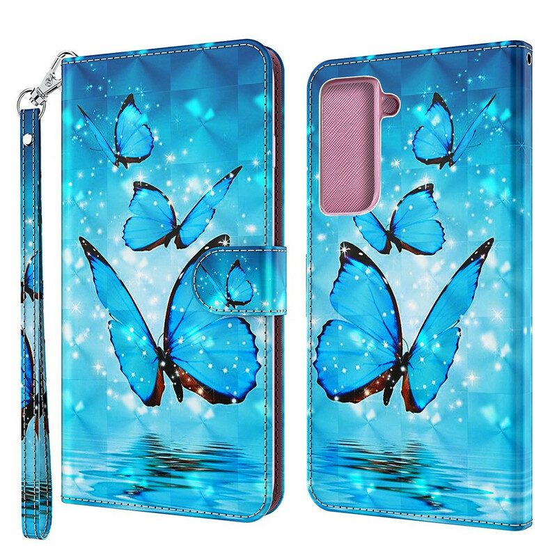 Custodia in pelle Samsung Galaxy S21 FE Farfalle Blu Volanti