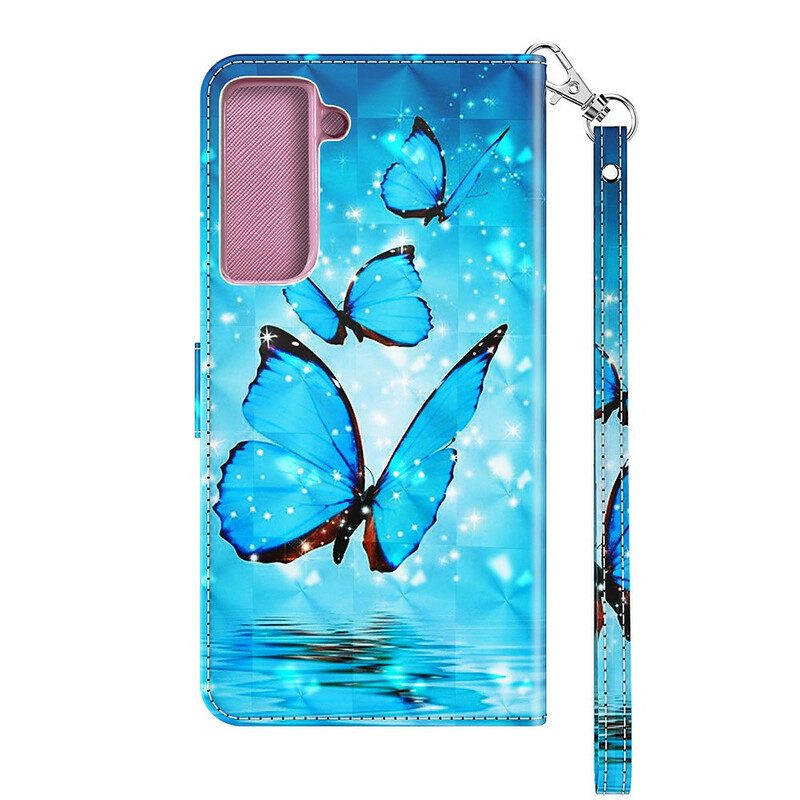 Custodia in pelle Samsung Galaxy S21 FE Farfalle Blu Volanti