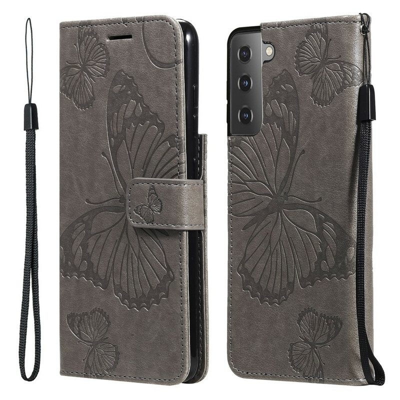 Custodia in pelle Samsung Galaxy S21 FE Farfalle Con Cinturino Gigante