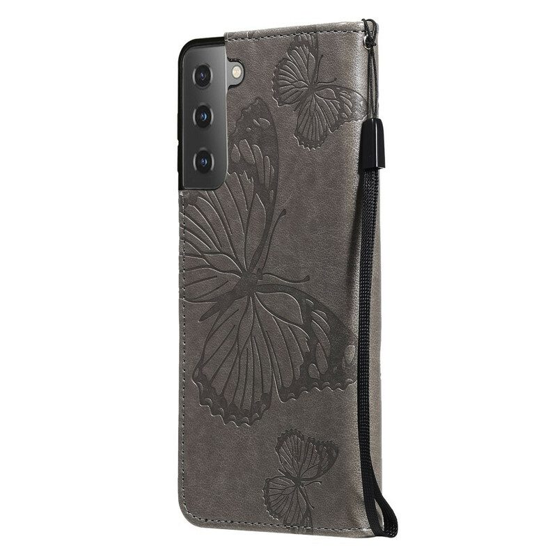 Custodia in pelle Samsung Galaxy S21 FE Farfalle Con Cinturino Gigante