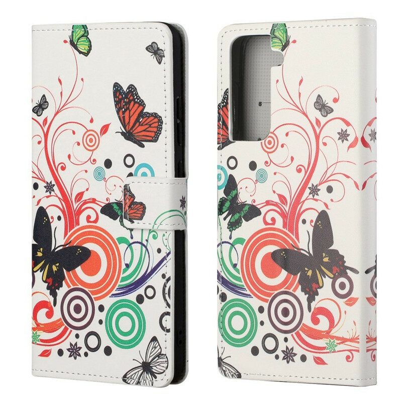 Custodia in pelle Samsung Galaxy S21 FE Farfalle E Fiori