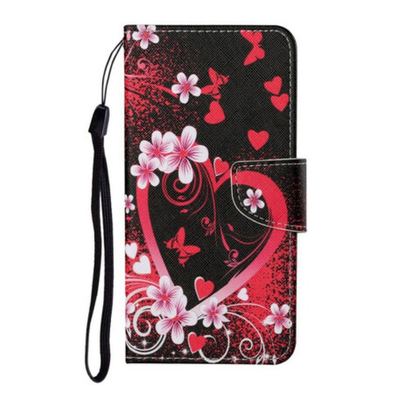 Custodia in pelle Samsung Galaxy S21 FE Fiori E Cuori Con Cordino