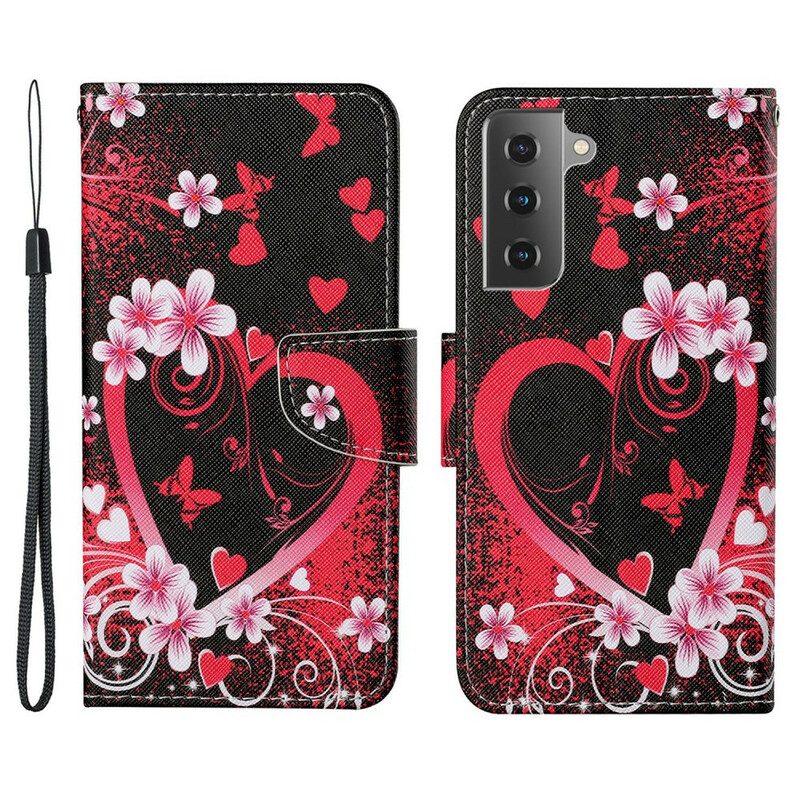 Custodia in pelle Samsung Galaxy S21 FE Fiori E Cuori Con Cordino