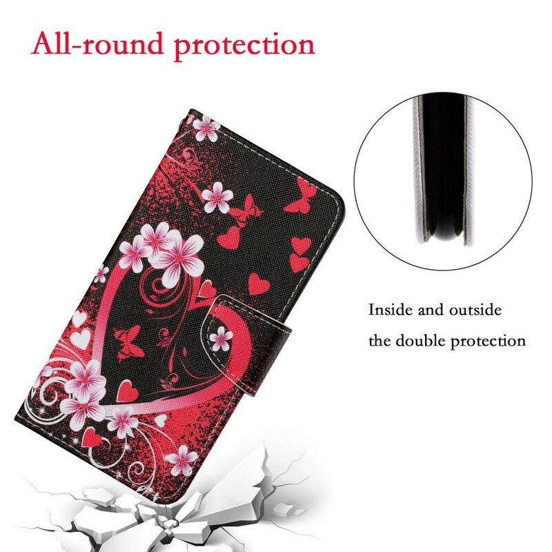 Custodia in pelle Samsung Galaxy S21 FE Fiori E Cuori Con Cordino