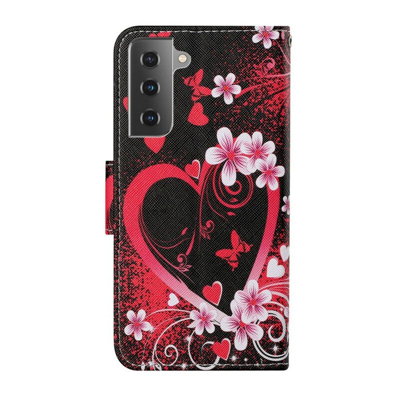 Custodia in pelle Samsung Galaxy S21 FE Fiori E Cuori Con Cordino