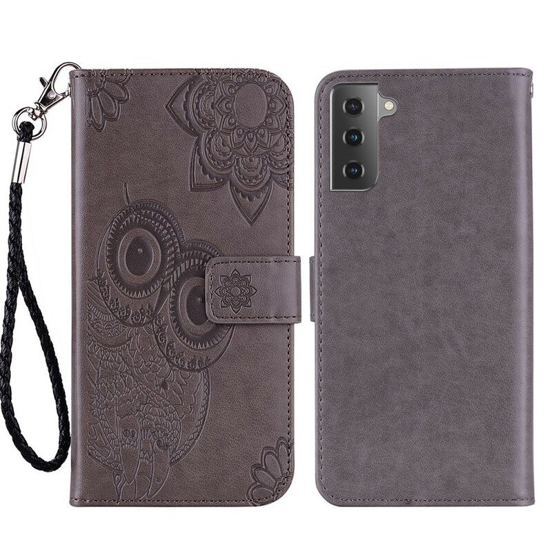 Custodia in pelle Samsung Galaxy S21 FE Gufo Mandala E Cordino